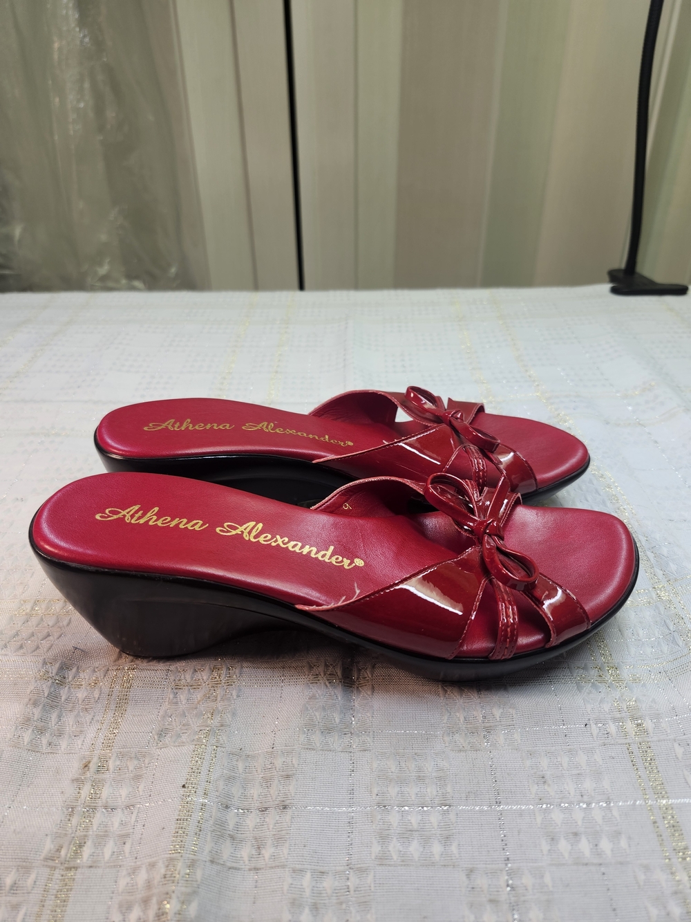 Athena Alexander Red Patent Wedge Slide Mules with Bow Accent